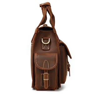 Men's vintage crazy horse leather briefcase side detail showing multiple pockets and sturdy handle.