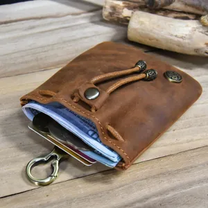 Vintage handmade leather coin purse, retro mini change pouch with clasp for women.