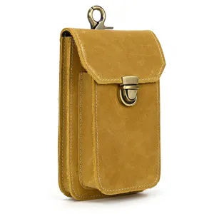 Vintage genuine leather waist bag with belt loop and metal hook, multi-layer phone pouch.