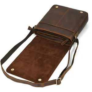 Bolso bandolera de cuero marrón vintage para hombre, bolso cruzado casual con solapa.