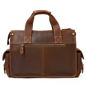 Men Vintage Crazy Horse Leather Briefcase Multi-Pocket Business Laptop Messenger Bag Brown