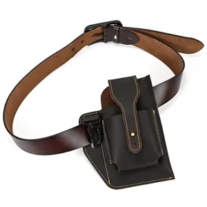 Vintage genuine leather mobile phone waist bag detail view with belt and hook for men.
