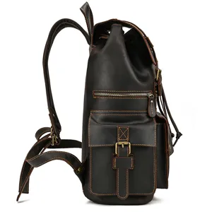 Vintage crazy horse leather backpack for men, multi-pocket business travel rucksack.