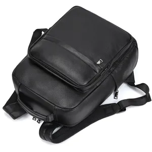 Black leather men business laptop backpack casual vintage genuine leather school daypack