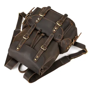 Vintage genuine leather backpack for men, multi-functional crazy horse leather travel bag.