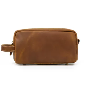 Vintage genuine leather toiletry bag detailed view, large capacity cosmetic storage for travel.