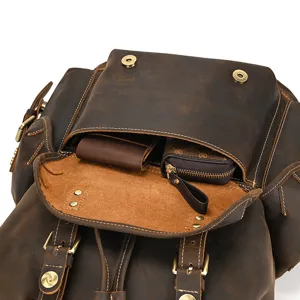 Vintage crazy horse leather backpack detail showing multi-pocket design and quality hardware.