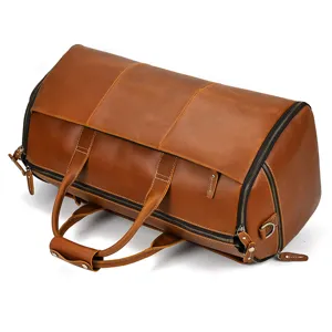 Genuine leather vintage travel duffel bag detail, durable hardware and smooth zippers.