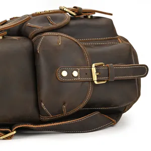 Vintage crazy horse leather backpack detail shot, men's casual travel shoulder bag.