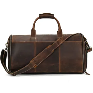 Vintage genuine leather travel duffel bag for men, large capacity weekend luggage bag.