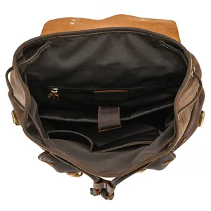 Vintage crazy horse leather backpack interior compartment detail men travel rucksack