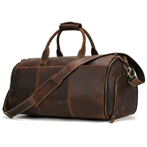 Classic vintage leather travel duffel bag, spacious waterproof weekender luggage bag.