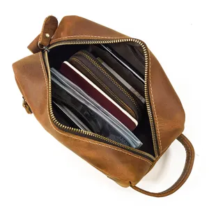Vintage genuine leather toiletry bag for men, large capacity retro multi-functional clutch.