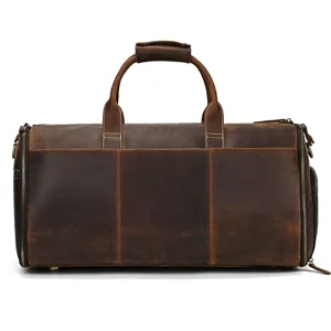 Detailed view of genuine leather vintage travel duffel bag with durable zipper and handles.