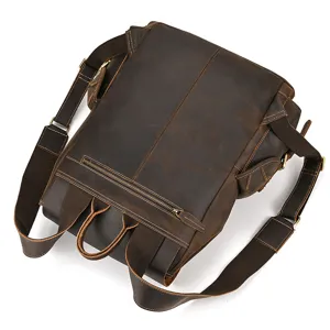 Detailed view of retro crazy horse leather backpack back side with zipper pocket and straps.