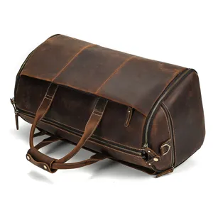 Vintage genuine leather travel duffel bag, large capacity brown weekender for gym.