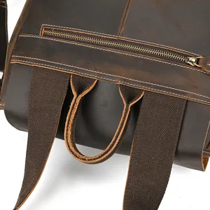 Men vintage crazy horse leather backpack detail view, durable canvas straps and metal zipper.