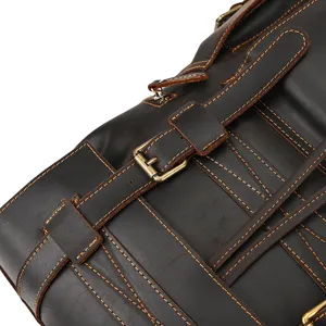 Vintage crazy horse leather backpack detail view, large capacity men travel rucksack.