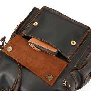 Retro crazy horse leather backpack detail view showing premium hardware stitching and texture.