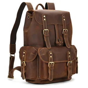 Vintage crazy horse leather backpack detail with multiple multi-functional pockets and sturdy metal buckles.