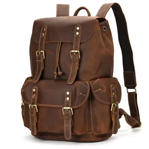 Retro brown crazy horse leather backpack detail, multi-pocket design with durable metal hardware.