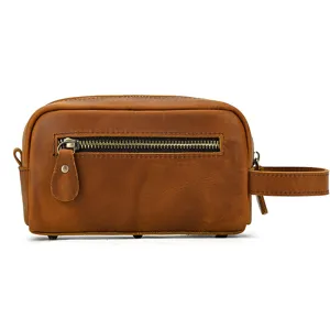 Genuine leather toiletry bag retro multipurpose cosmetic pouch large capacity brown clutch for men.