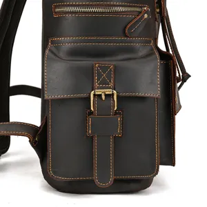 Vintage crazy horse leather backpack front pocket detail showcasing genuine leather and stitching.