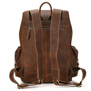 Vintage genuine leather men backpack crazy horse travel bag with back straps view.