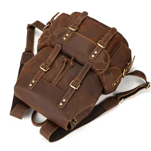Vintage genuine crazy horse leather backpack for men, ideal for outdoor travel and daily use.