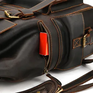 Vintage crazy horse leather backpack detail view, dark brown travel bag for men new.