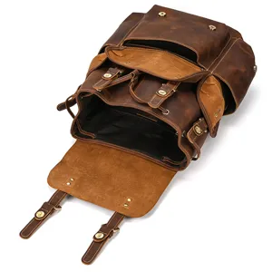 Vintage crazy horse leather backpack for men, multi-functional outdoor travel leather rucksack bag.
