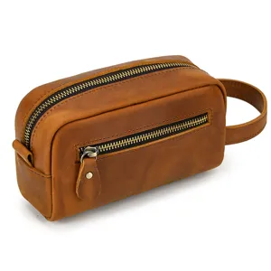 Vintage genuine leather toiletry bag, large capacity retro cosmetics storage bag for men daily use.