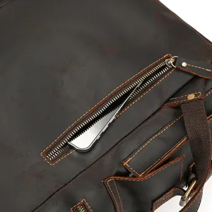 Detail of vintage crazy horse leather backpack zipper and stitching texture close-up