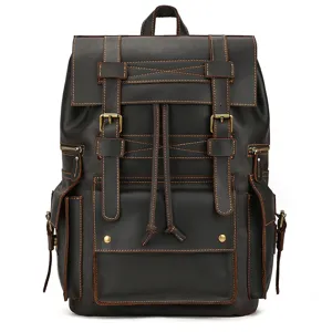 Vintage crazy horse leather backpack for men, large capacity travel laptop bag with multiple pockets.