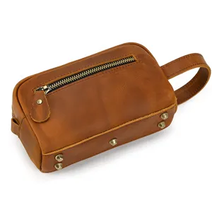 Genuine leather toiletry bag retro brown cosmetic storage pouch multi-functional mens clutch bag