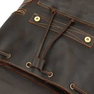 Vintage crazy horse leather backpack close-up view, premium genuine leather detail display.