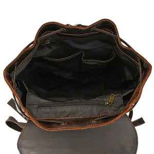 Vintage genuine leather backpack interior view large capacity mens travel bag travel daypack