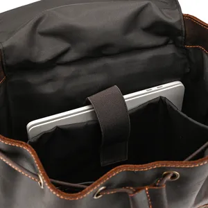 Vintage crazy horse leather backpack interior laptop compartment detail view for men