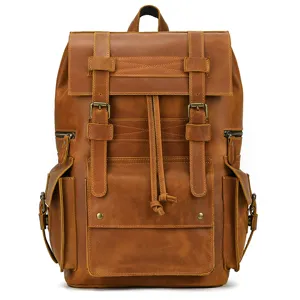 Vintage crazy horse leather backpack for men, large capacity 16-inch travel business.