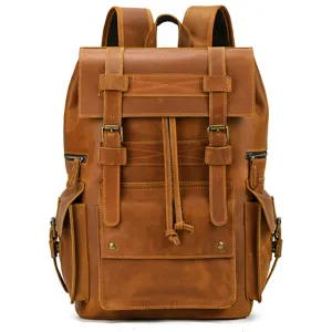 Vintage brown crazy horse leather backpack detail, multi-pocket design, large capacity 16 inch.