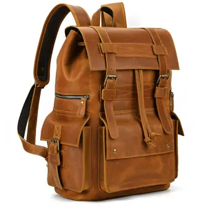 Vintage genuine leather backpack for men, large capacity brown travel business rucksack.