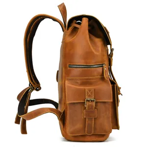 Retro crazy horse leather men backpack 16 inch genuine leather laptop travel bag detail
