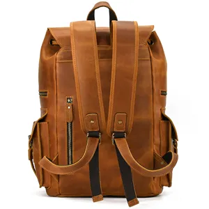 Vintage crazy horse leather backpack for men, large capacity travel business school bag.