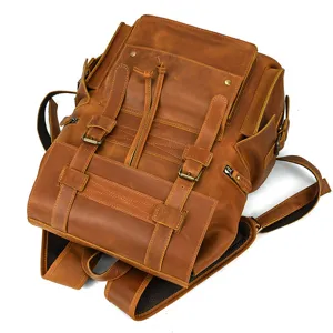 Detailed view of the vintage crazy horse leather mens backpack featuring durable straps and metal buckles.