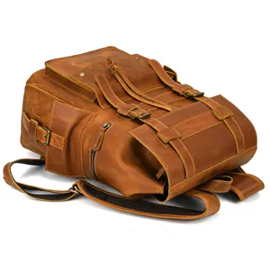 Retro crazy horse leather backpack for men, vintage 16-inch laptop travel daypack.