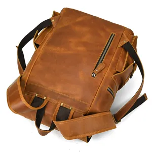 Vintage crazy horse leather backpack for men, large capacity travel and business bag details.