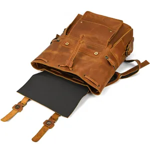 Detailed view of vintage crazy horse leather backpack, large capacity men travel bag with pockets.