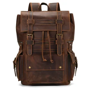 Vintage crazy horse leather backpack for men, large capacity travel bag and business briefcase.