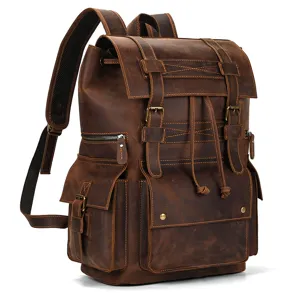 Vintage crazy horse leather backpack for men, large capacity travel business school bag.