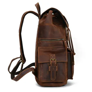 Vintage crazy horse leather backpack for men, large capacity travel business laptop school bag.